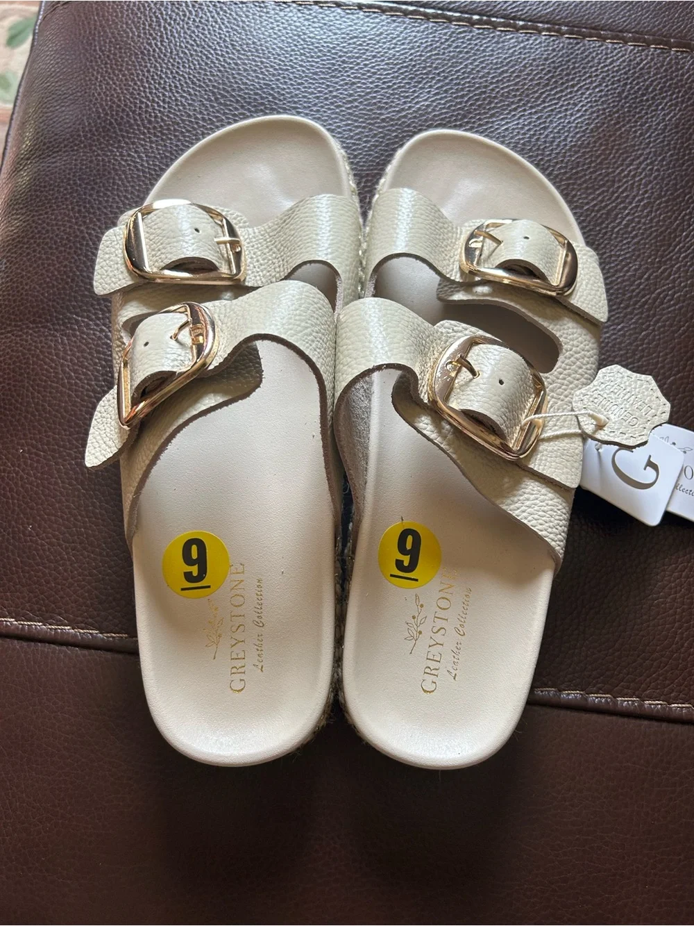 NWT Greystone Genuine Leather Beige Double-Buckle Comfort Sandals